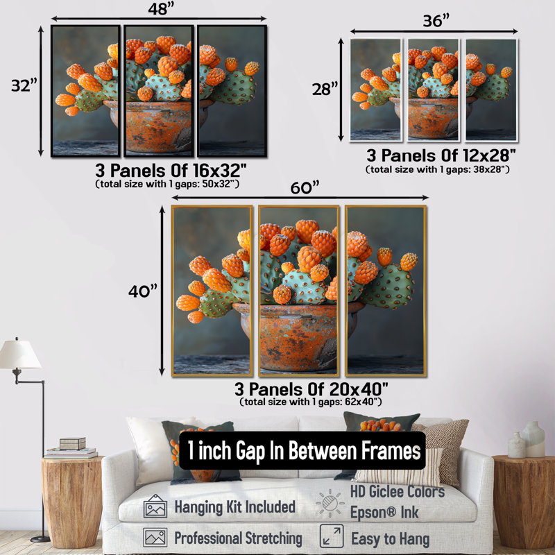Ensemble de reproduction d'art mural orange cactus dans un vase I, Cadre flottant doré, H 28 po x l 36 po