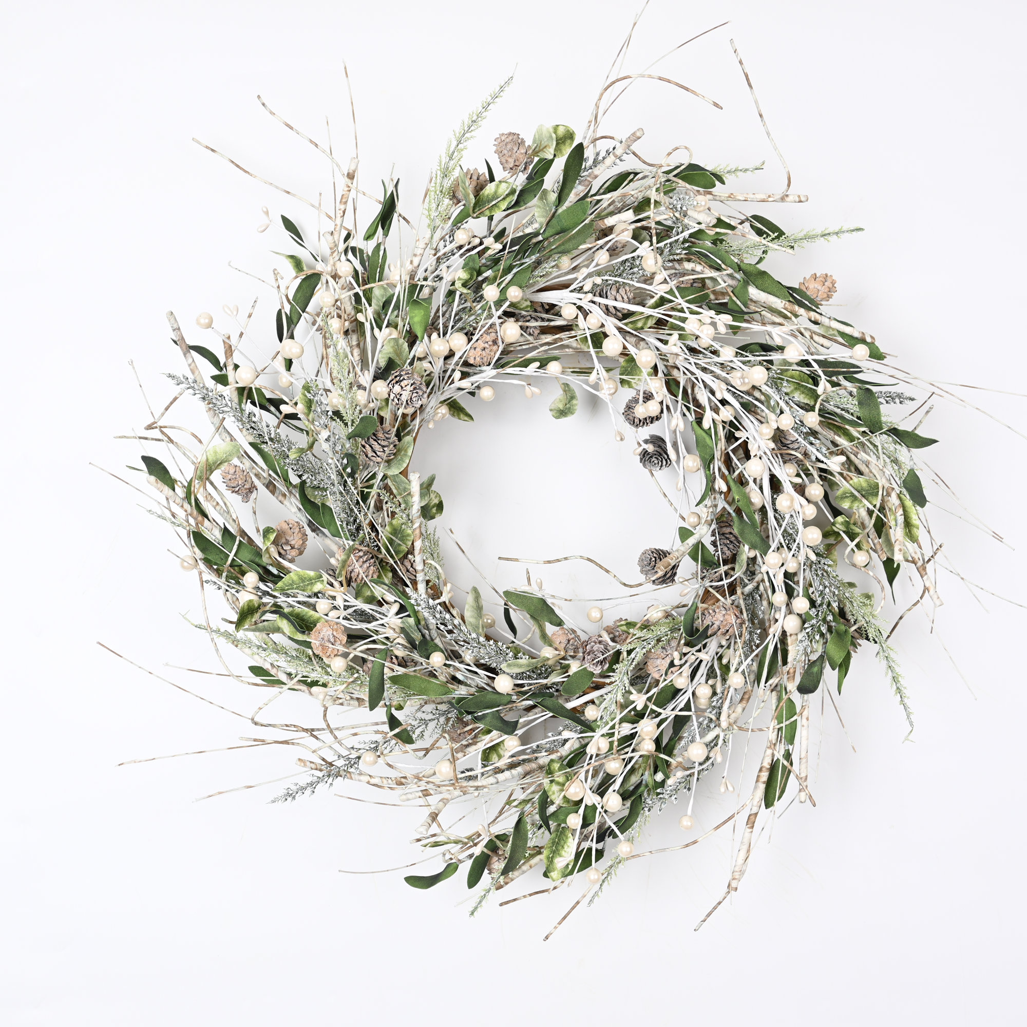 24" Artificial Farmhouse Leafage Berry Birch Pinecone Christmas Day Winter Wreath For Front Door, White/Green