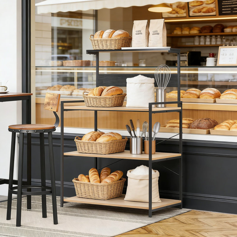 Étagère de boulanger de cuisine à 4 niveaux avec prise de courant intégrée, support pour micro-ondes et tablettes de rangement, organisateur de station café multifonctionnel