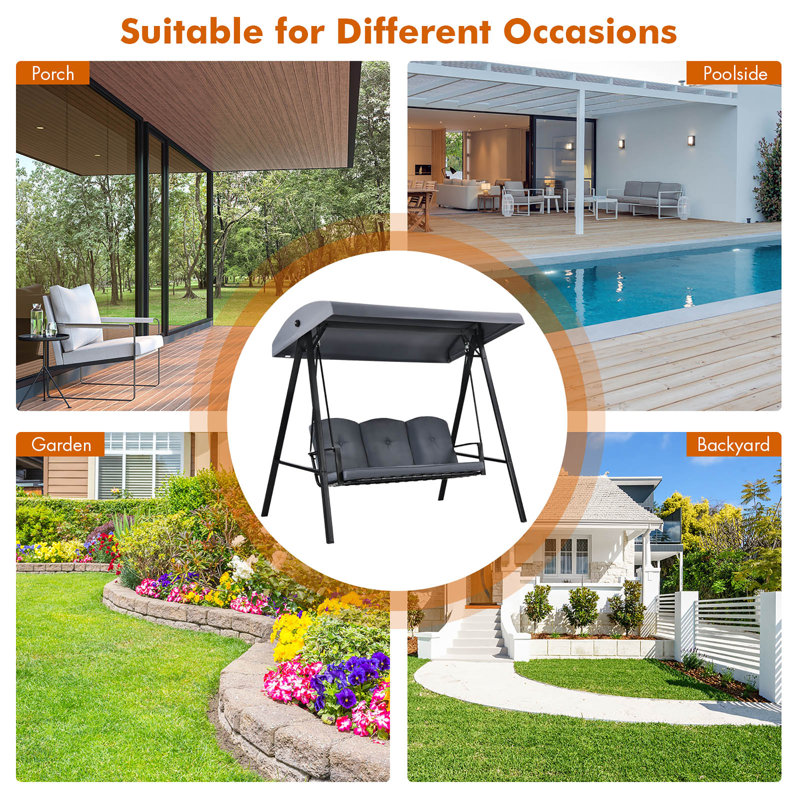 Gray Steel 3-Seat Outdoor Porch Swing with Adjustable Canopy