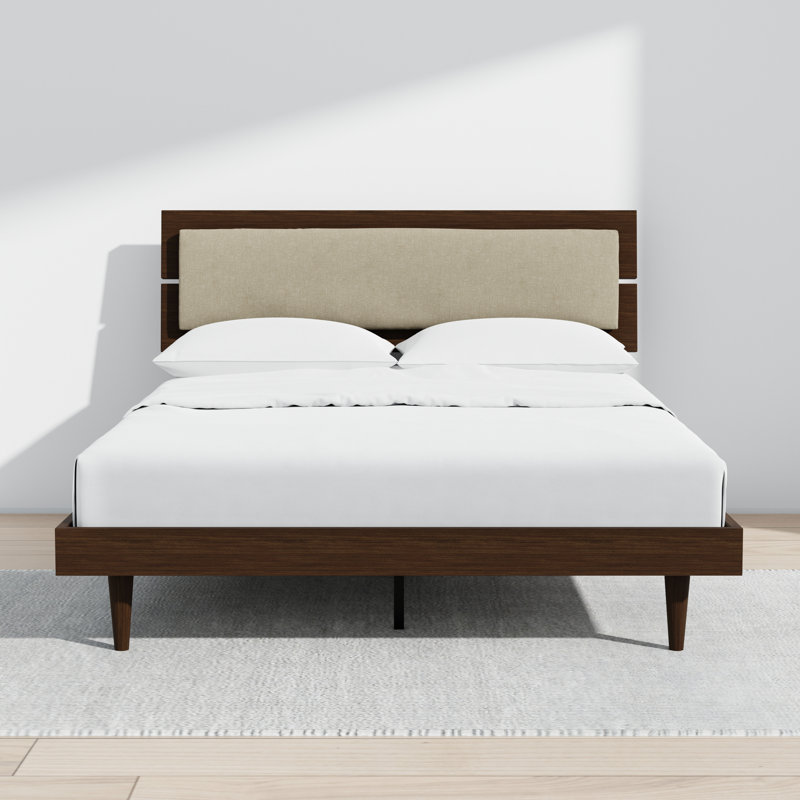 Benoni Wooden Bed With Taupe Cushion, Brown, Queen