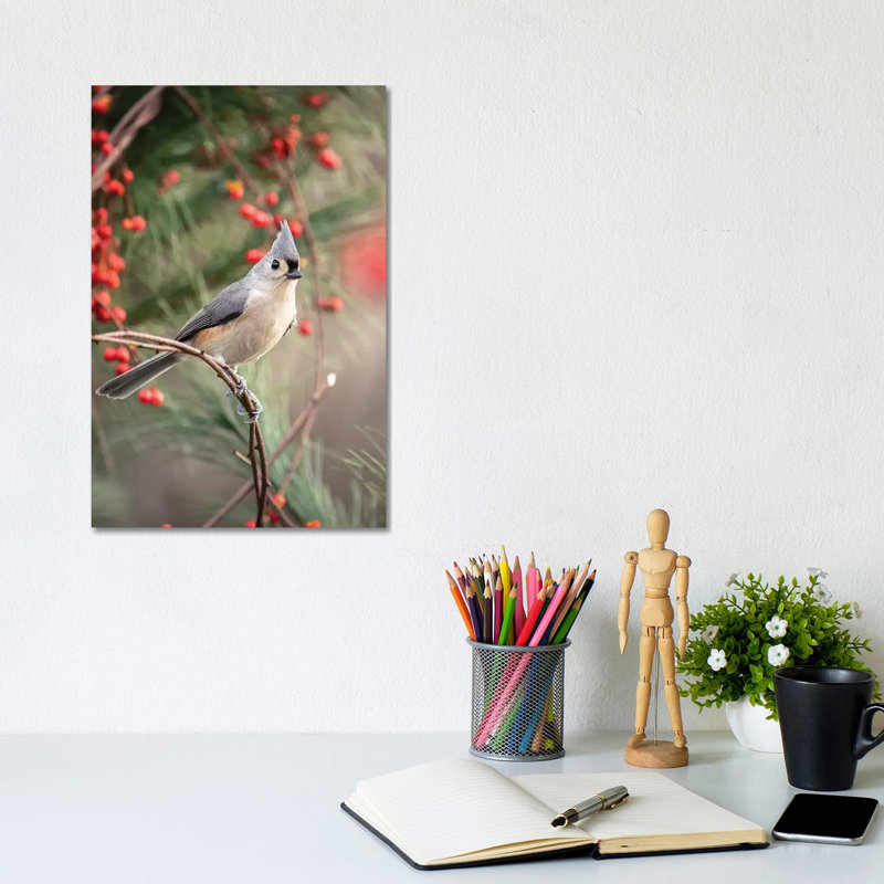 Tufted Titmouse Red Berries by Karen Burke - Wrapped Canvas Print, 30.48cm H x 20.32cm W x 1.905cm D