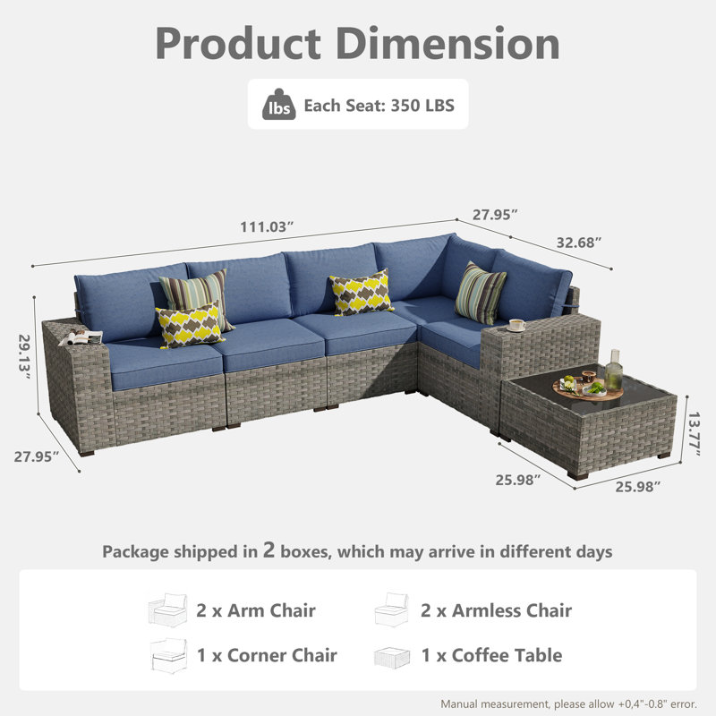 Ensemble de 6 meubles de patio modulaires d'extérieur, ensemble de conversation en osier avec canapé en forme de L, canapé d'extérieur avec table basse
