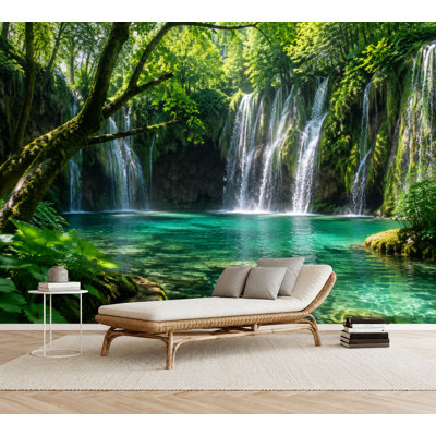 Papier peint adhésif autocollant, chute d'eau, verdure, turquoise, piscine, forêt, papier autocollant amovible, décoration murale pour salon, chambre à coucher H 69 po x l 96 po