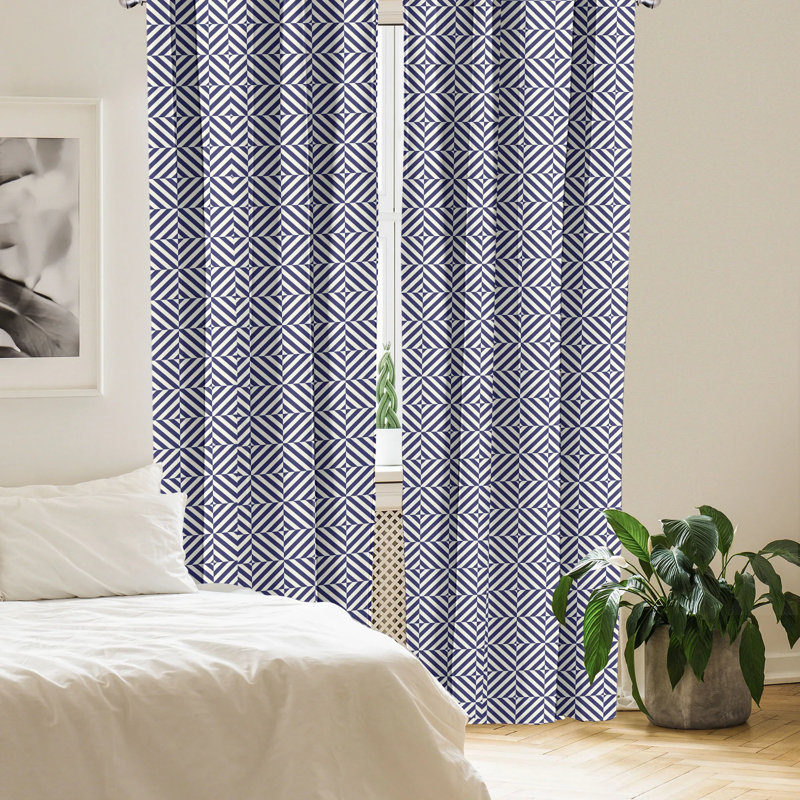 Pale Blue and Dark Blue Geometric Polyester Curtain Panels