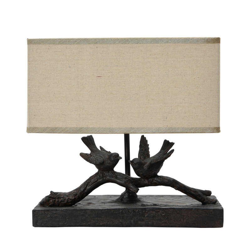 Lampe oiseau en résine rustique avec abat-jour rectangulaire, Base noir / abat-jour beige