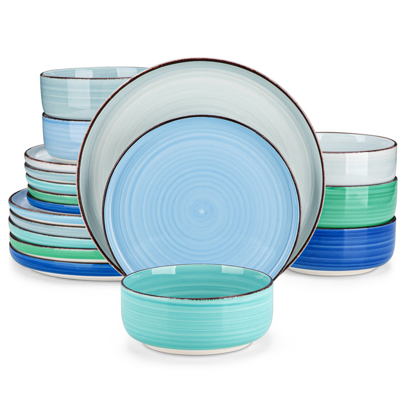 18 Pieces Stoneware Dishes Set for 6 , Blue/Teal/Grey