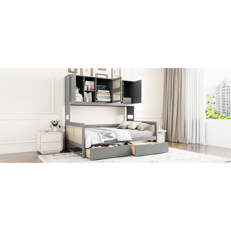 Lit de jour moderne en bois gris avec 2 espaces de rangement pratiques et armoire et tablette combinées