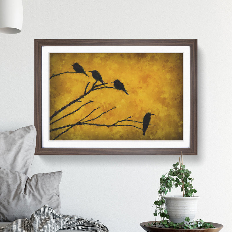 Birds on a Tree Branch - Picture Frame Painting, Walnut Framed, 27cm H x 36cm W x 2cm D