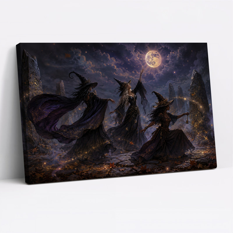 «Three Witches Dancing Near debout Stones Under Halloween», art mural sur toile, H 24 po x l 36 po