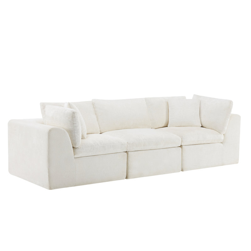 Canapé modulaire à compression 3 pièces en chenille beige sans os pour salon, sans assemblage requis, 3 sièges
