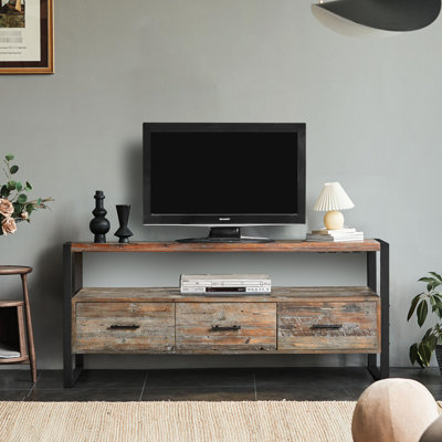 60" Reclaimed Wood Console With 3 Drawers & Open Shelf, Antique Gray Finish, Solid Wood, 60.26 In Depth Tv Table, 60 Inch 62.2 Package