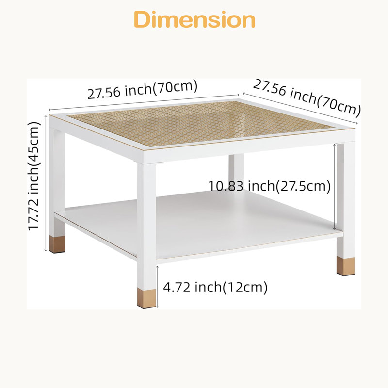 Table basse industrielle carrée - structure en acier noir mat 27,6 po et plateau en verre doré, Blanc