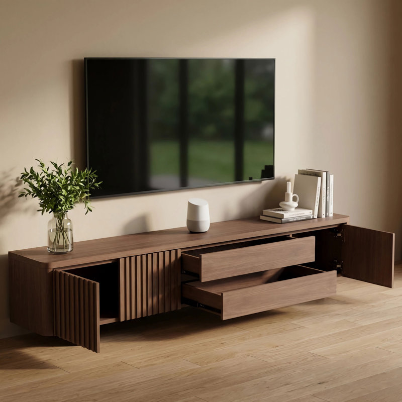 Floating Tv Unit Wall Mounted With Door Tv Cabinet Stand Completely Assembled Living Room Tv Media Console (Walnut, 180cm)