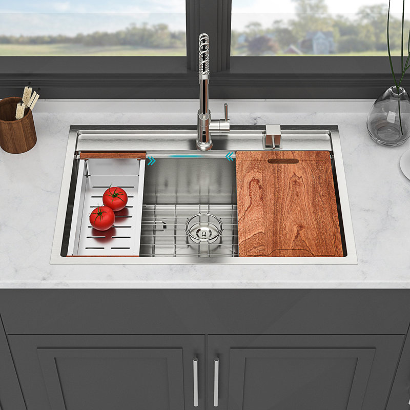 33-Inch Topmount Single Bowl Stainless Steel Kitchen Sink With Ledge Workstation