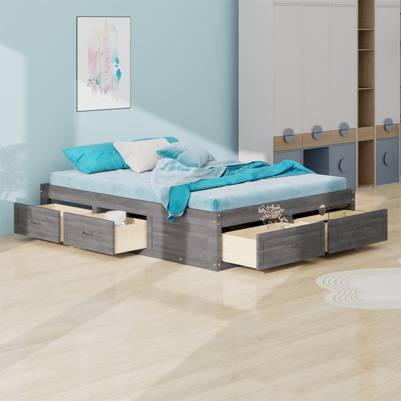 Platform Bed With 6 Storage Drawers, Antique Gray, Queen