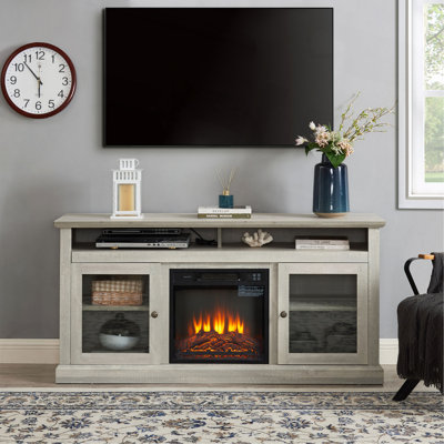 Meuble télé contemporain avec meuble télé avec foyer encastrable 18 po pour téléviseur de 65 po ou moins avec espace de rangement ouvert et fermé, gris pierre, l 60 po x P 15,75 po x H 29 po