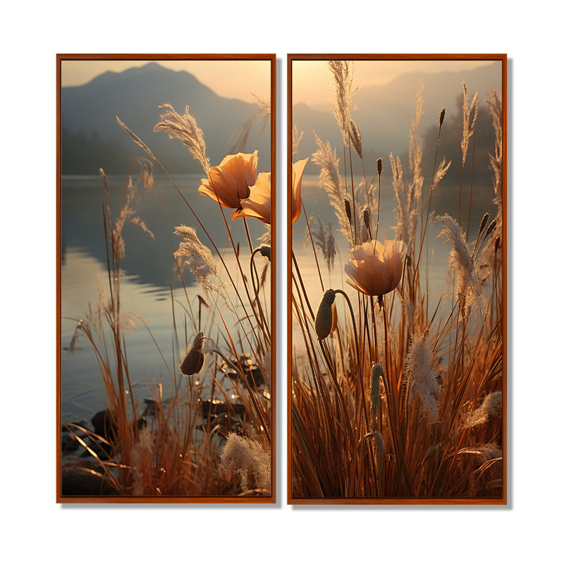 «Sunset Wildflower Serenade», art mural sur toile traditionnel, H 40 po x l 40 po, Impression encadrée flottante, Brun