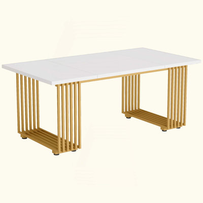 Bureau de direction moderne, grand bureau d'ordinateur blanc avec pieds en métal doré, bureau en bois pour bureau à domicile, bureau d'écriture, bureau ou table de réunion pour 6 à 8 personnes