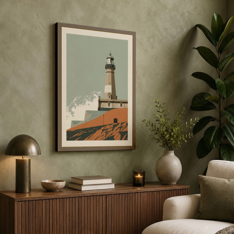 Lighthouse and Stones Coastal - Wrapped Canvas, 24x16 - 61.0 x 40.6 cm, Ochre Border