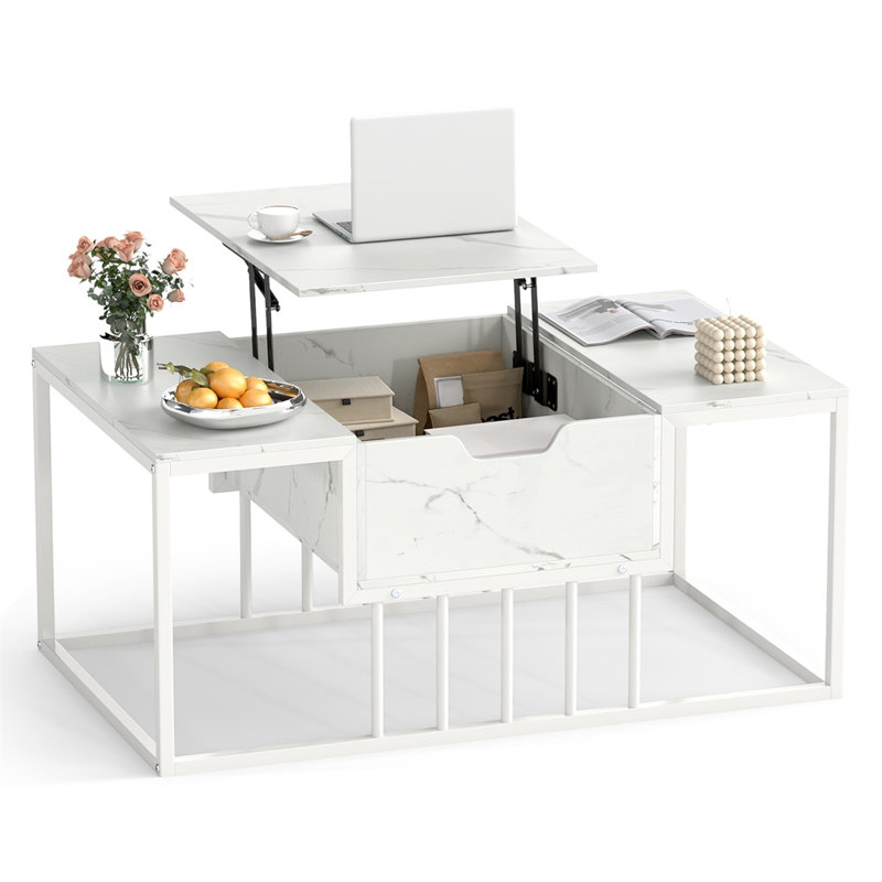 Table basse à plateau relevable moderne Hommoo avec compartiment de rangement caché, centre en bois d'ingénierie et métal, blanc