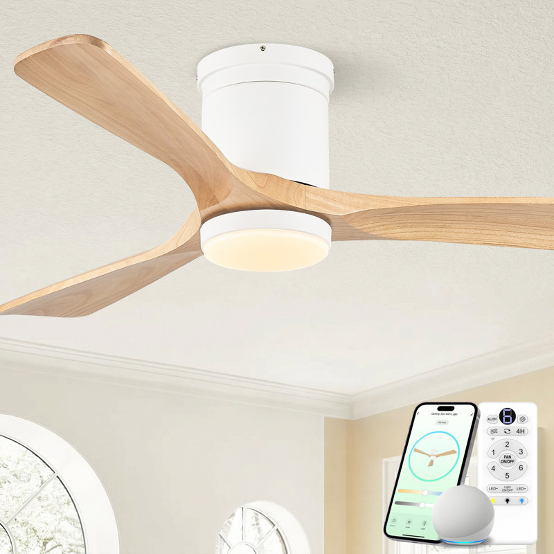 52" Smart Flush Mount Ceiling Fan with Light, 3CCT, Reversible Motor, Remote Control, APP&Voice Control, and Solid Wood Blades