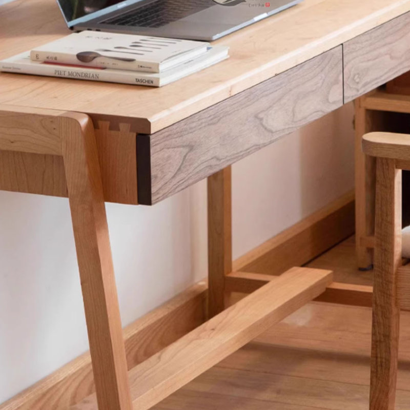 Bureau moderne en bois massif à double tiroir en cerisier, H 29,52 po x l 53,14 po x P 23,62 po
