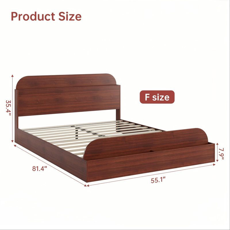 Full Size Wooden Platform Bed Frame with Storage Headboard & Raised Footboard, Low Profile, Noise-Free Slat Support, No Box Spring Needed - Red Peach Wood