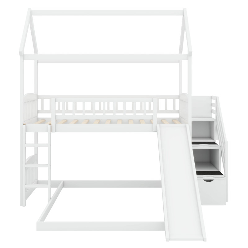 Adorable lit superposé simple au-dessus d'une chambre double avec glissade et escalier pratique, Blanc