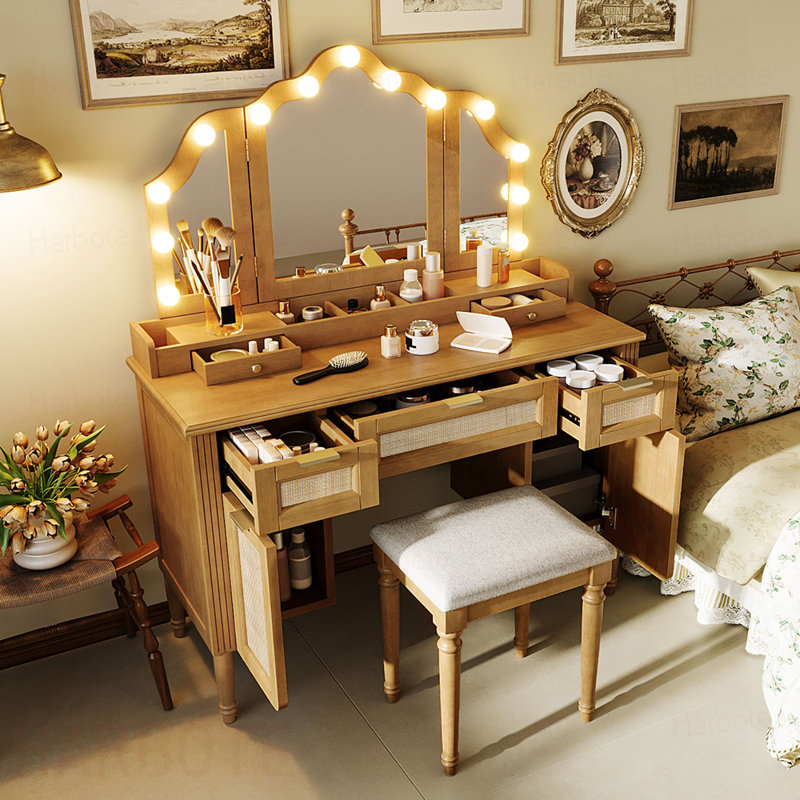 Ensemble de coiffeuse avec tabouret, 13 ampoules Hollywood et 3 modes d'éclairage pour coiffeuse, grande coiffeuse à miroir pliable en trois avec tabouret rembourré, station de charge et beaucoup de rangement