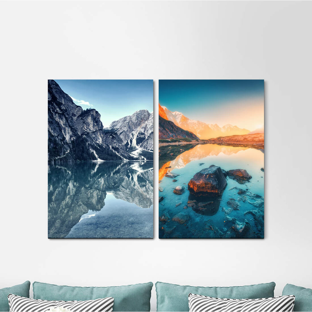 2-tlg. Leinwandbilder-Set - Fotografie „Alaska North Clear Lake Mountains Reflection Calm Peace of Mind”