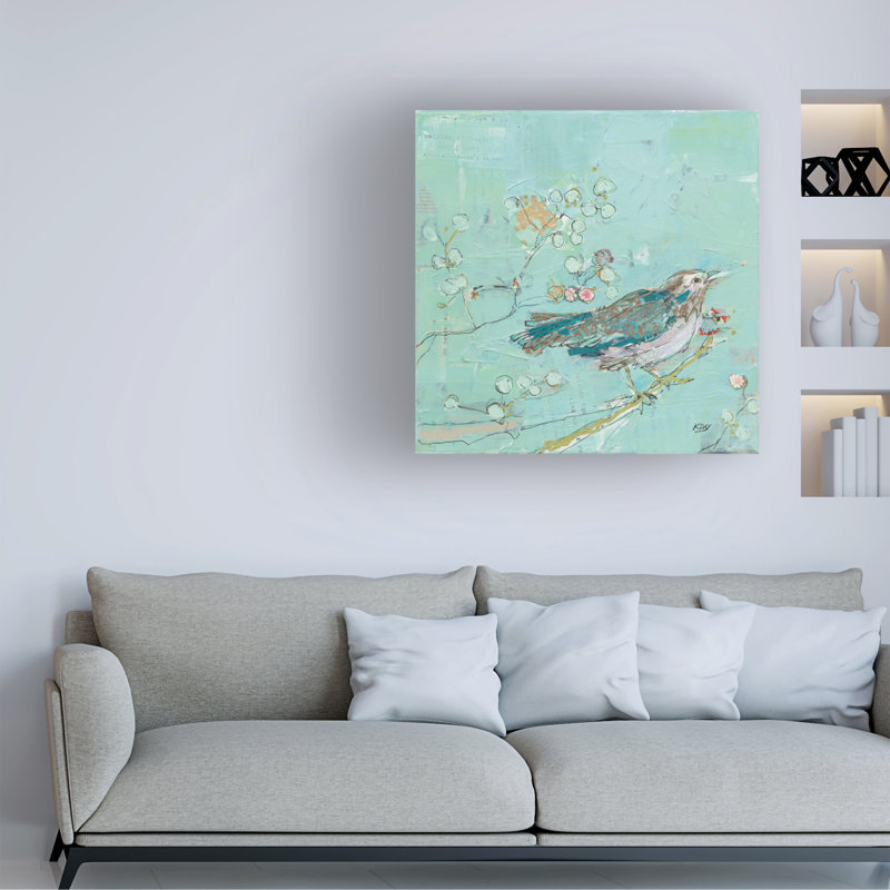 Teal and White Bird on Branch Canvas Art, 14 x 14 Inches