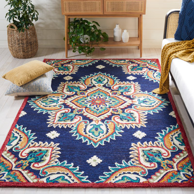 Tapis oriental en laine / coton touffeté à la main Blossom - orange / bleu marine