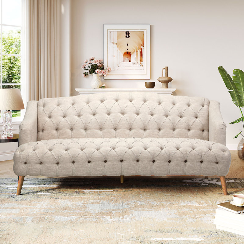 Flared Arm Sofa,Comfy 3-seat Sofa with Wooden Legs, for Living Room and Study, Beige Polyester, Standard