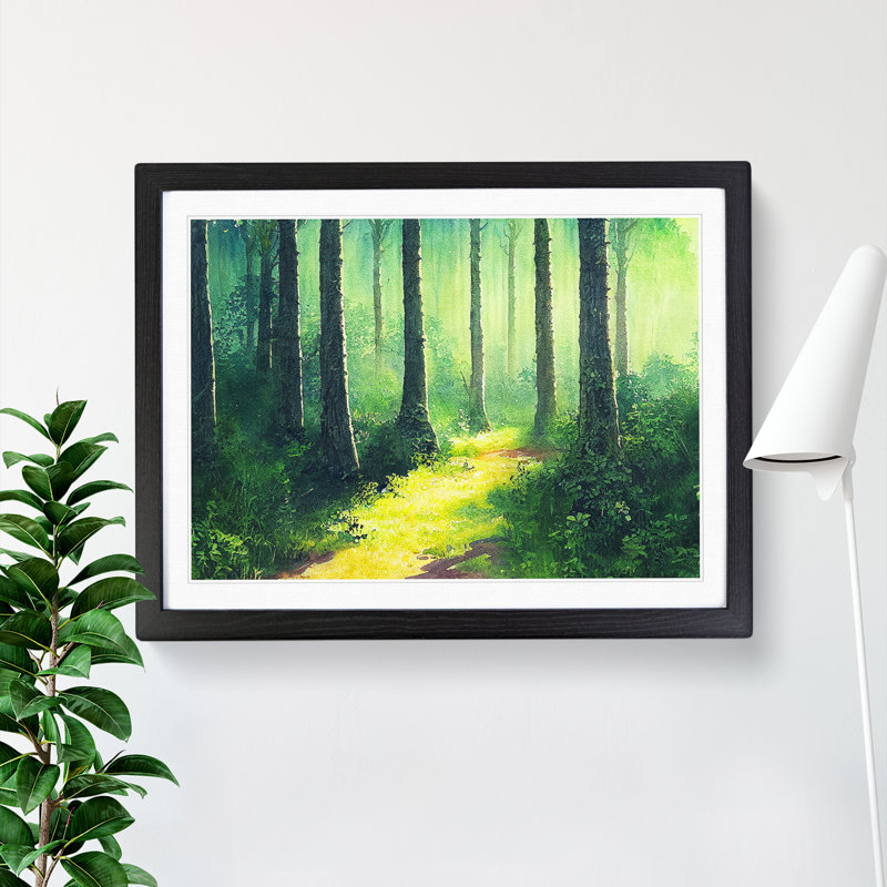 Summer Watercolour Forest 1 Piece Single Picture Frame Painting, 34cm H x 46cm W x 2cm D, Black Framed