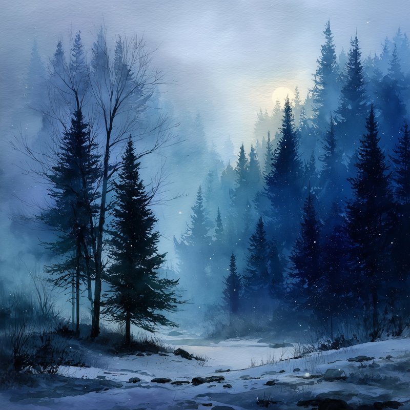 «Winter Pine Shadows Snowy Forest», art mural sur toile, 20 po x 20 po