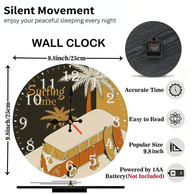 Horloge murale en bois 10 po, mouvement silencieux, à piles (piles AA non incluses), décor artistique, parfait pour les décorations