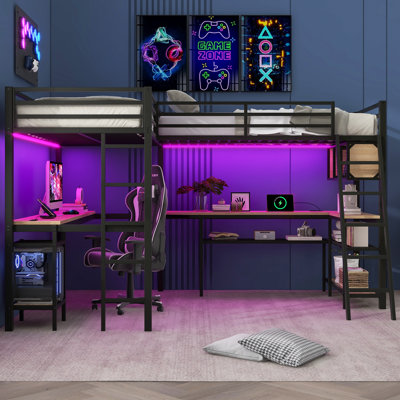 L-Shaped Double Twin Metal Loft Bed With Built-In Desk, Charging Station And LED Lights
