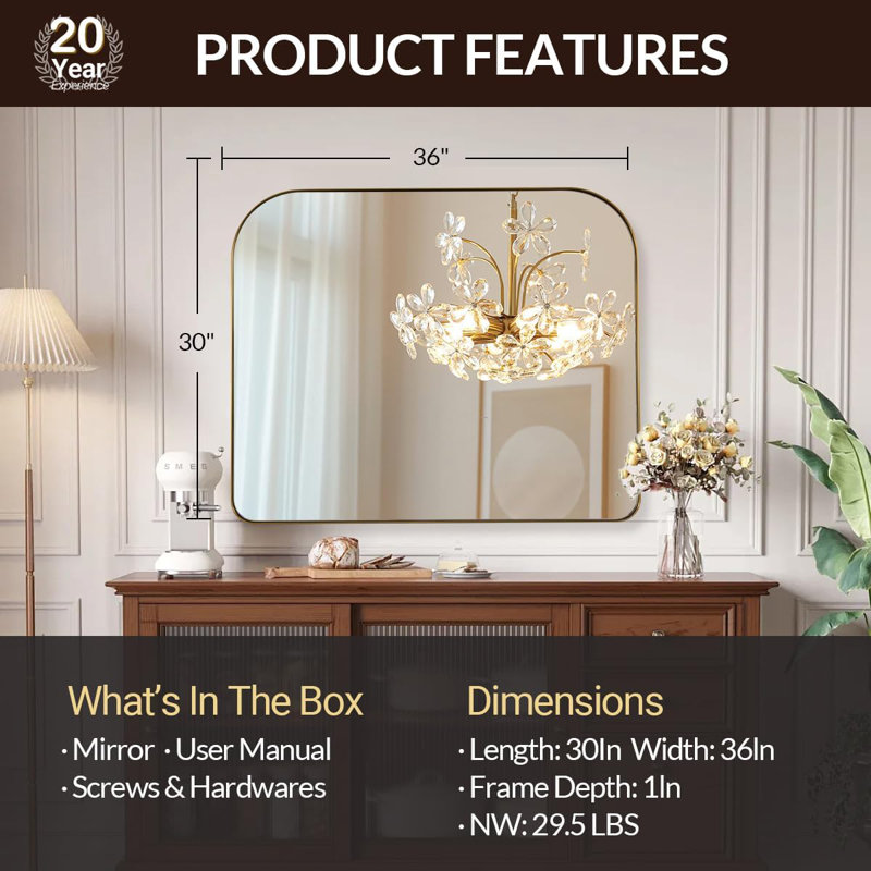 Wide Arch Rectangle Bathroom Vanity Mirror | Stainless Steel Frame, Brushed Gold, 30" x 36" 