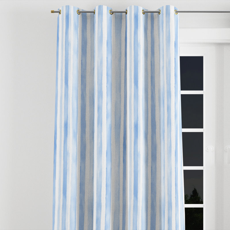 Modern Window curtains - Striped Blue And White Soft Blue Stripes Grommet Curtain - 1 Panel, 52" W x 95" L, Gold Grommets