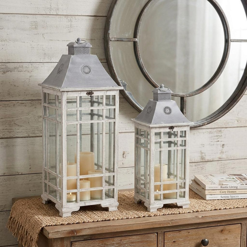 Set of Two White And Silver Distressed Geometric Metal Floor Lantern Candle Holders