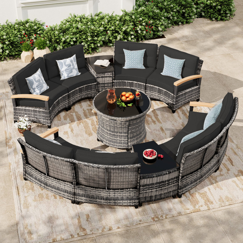  11-Piece Half-Moon Curved Outdoor Patio Furniture Set, Sectional Conversation Sofa With Wood Armrests, Round Coffee Table For Backyard Deck Garden, Black