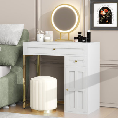  Meuble-lavabo 31,5 po avec miroir éclairé, coiffeuse de luxe avec 2 tiroirs et 1 armoire, 3 modes d'éclairage disponibles pour la chambre à coucher, blanc et doré
