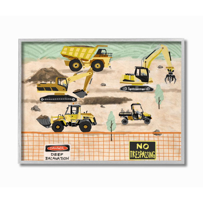 Manzella Construction Engins, dessin de peinture, Encadré gris, H 11 po x l 14 po x P 1,5 po