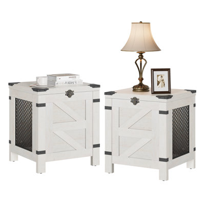 Lift Top End Table,Set Of 2 Nightstand With Rustic Lock And Storage Cabinet  For Small Spaces,Side Table For Living Room And Bedroom, Antique White