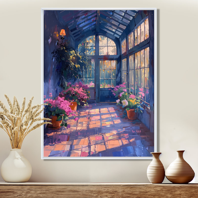 Serre rose ensoleillé Serenity - Art mural, Cadre flottant blanc, bois massif, H 16 po x l 32 po