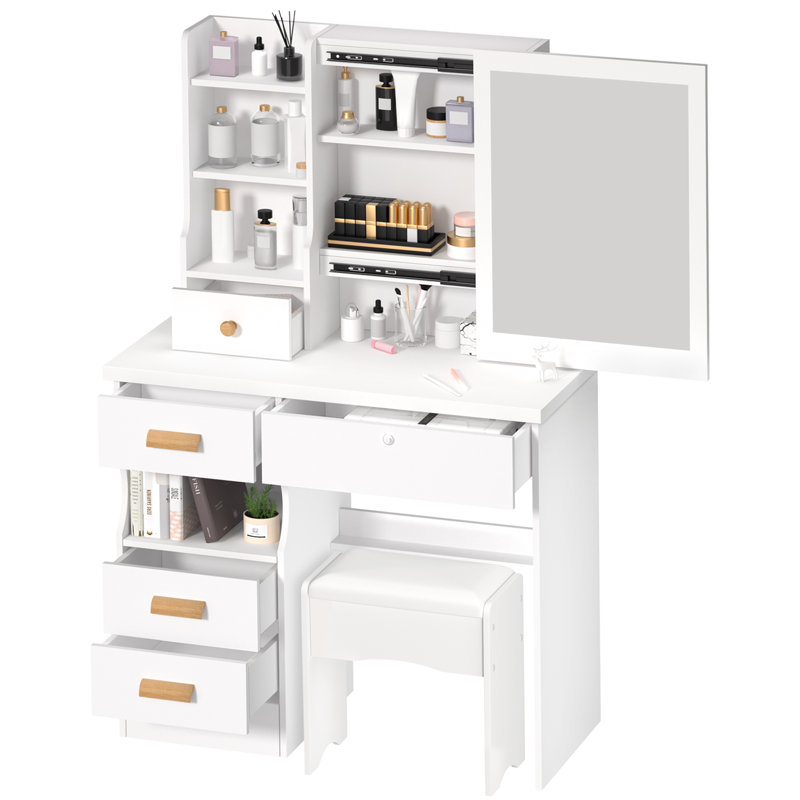 Bureau de coiffeuse avec miroir coulissant, coiffeuse de chambre à coucher, table de maquillage avec 5 tiroirs et tablettes, espace de rangement caché