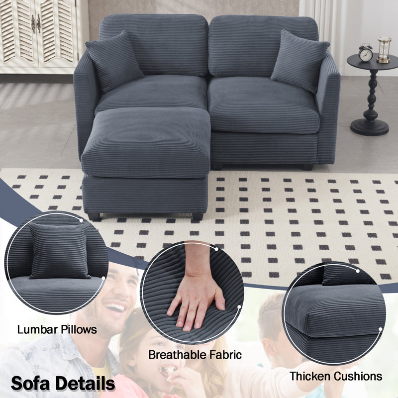 Virgus 62'' Upholstered Corduroy Loveseat With Ottoman, Gray Corduroy