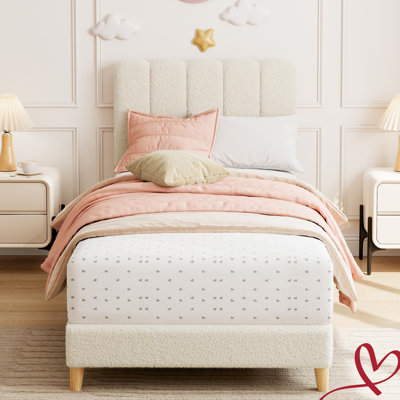 Twin Platform Bed Frame Velvet/Lambswool Upholstered Twin Size Bed Frame with Wave Headboard and Under-Bed Drawer No Box Spring Needed