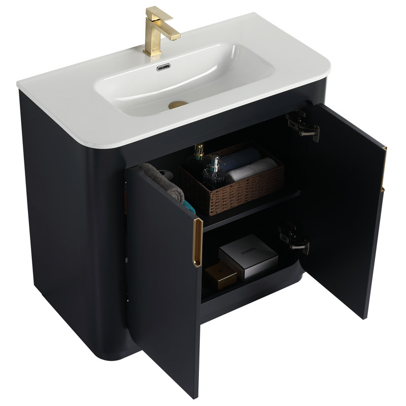 Atticus 36 Inch Bathroom Vanity with Sink, Black/Satin Brass